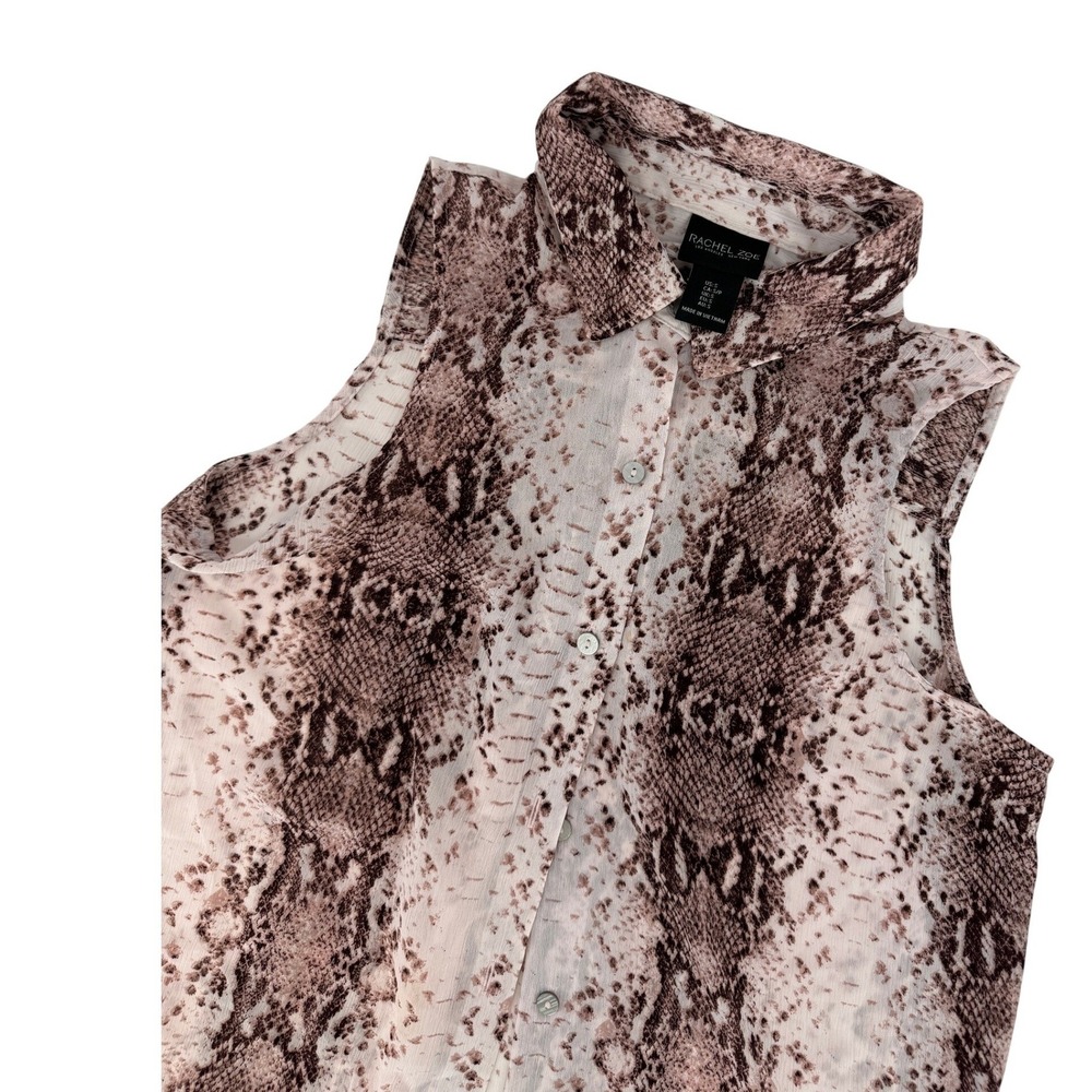 Rachel Zoe Womens Snakeskin Print Sleeveless Button Down Blouse Brown‎ Tan Small